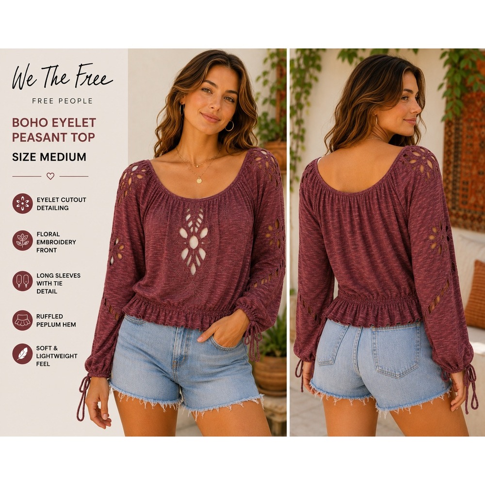 FREE PEOPLE/WE THE FREE Burgundy Embroidered Eyelet Boho Peasant Top Medium 1845